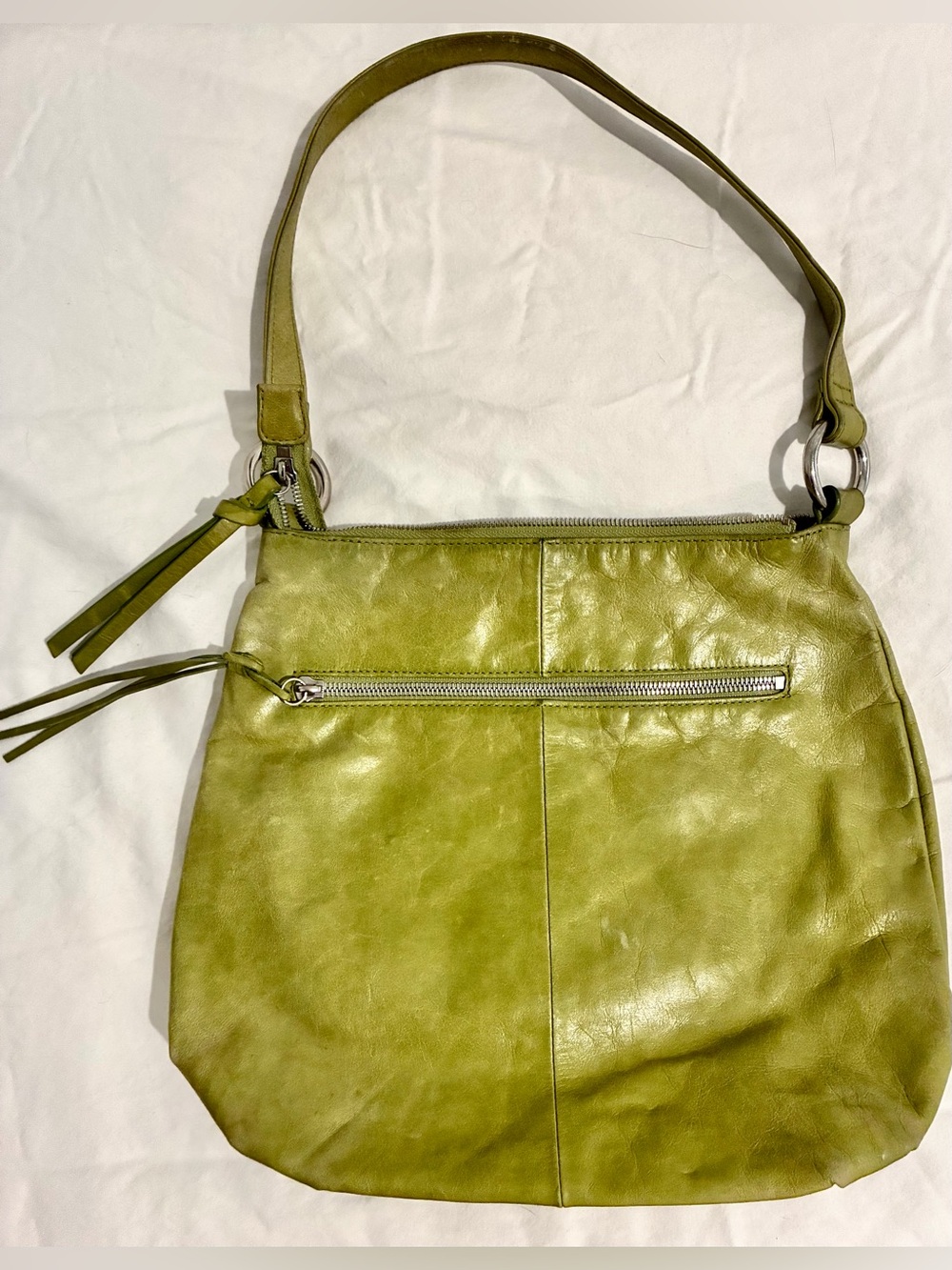HOBO The Original Lime Green Genuine Leather Shoulder Bag Purse Tassel Zip